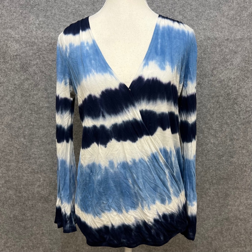 INC International Concepts Women Blue Tie Dye Wrap V Neck Long Sleeve Top Size S